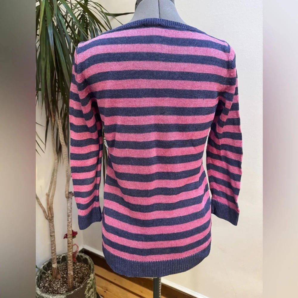 Talbots Petites 100% Linen Striped Knit Spring Sweater - Navy & Pink